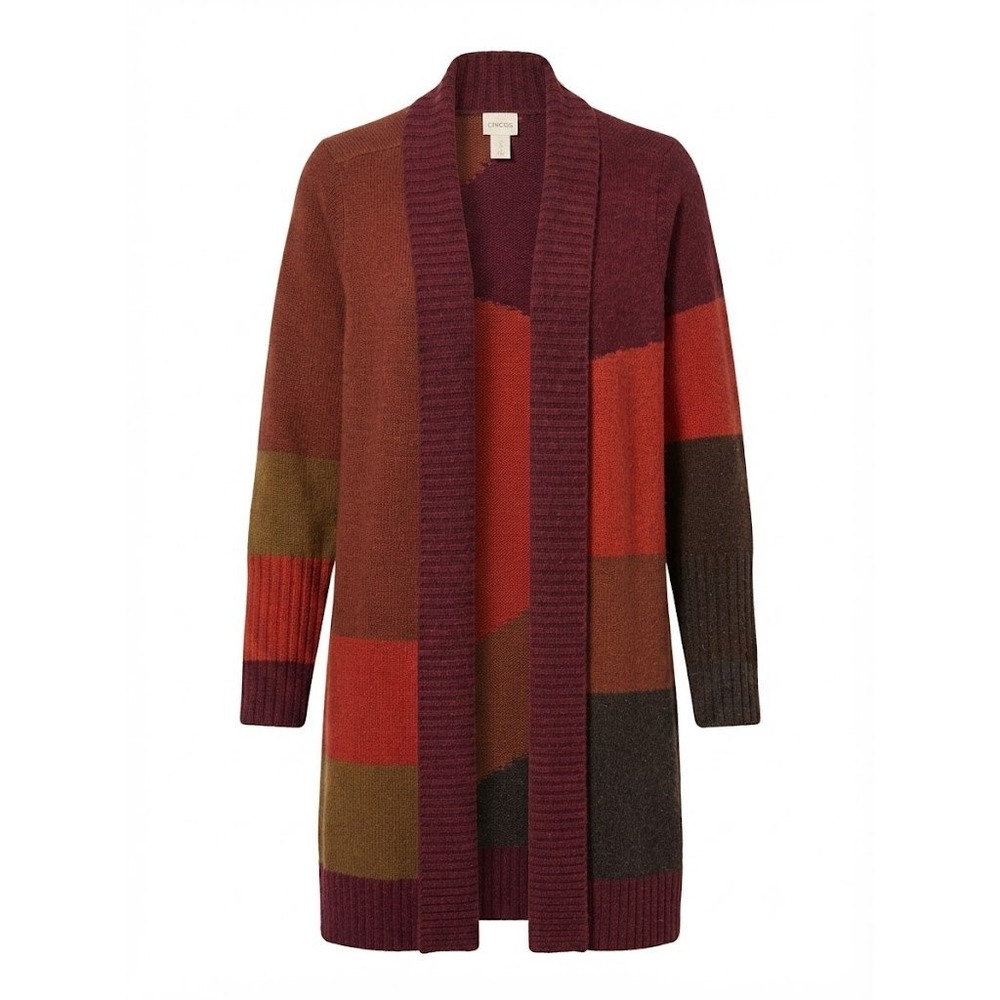 Chicos Colorblock Duster Cardigan Sweater Size 2 Large Orange Red Wool - IW